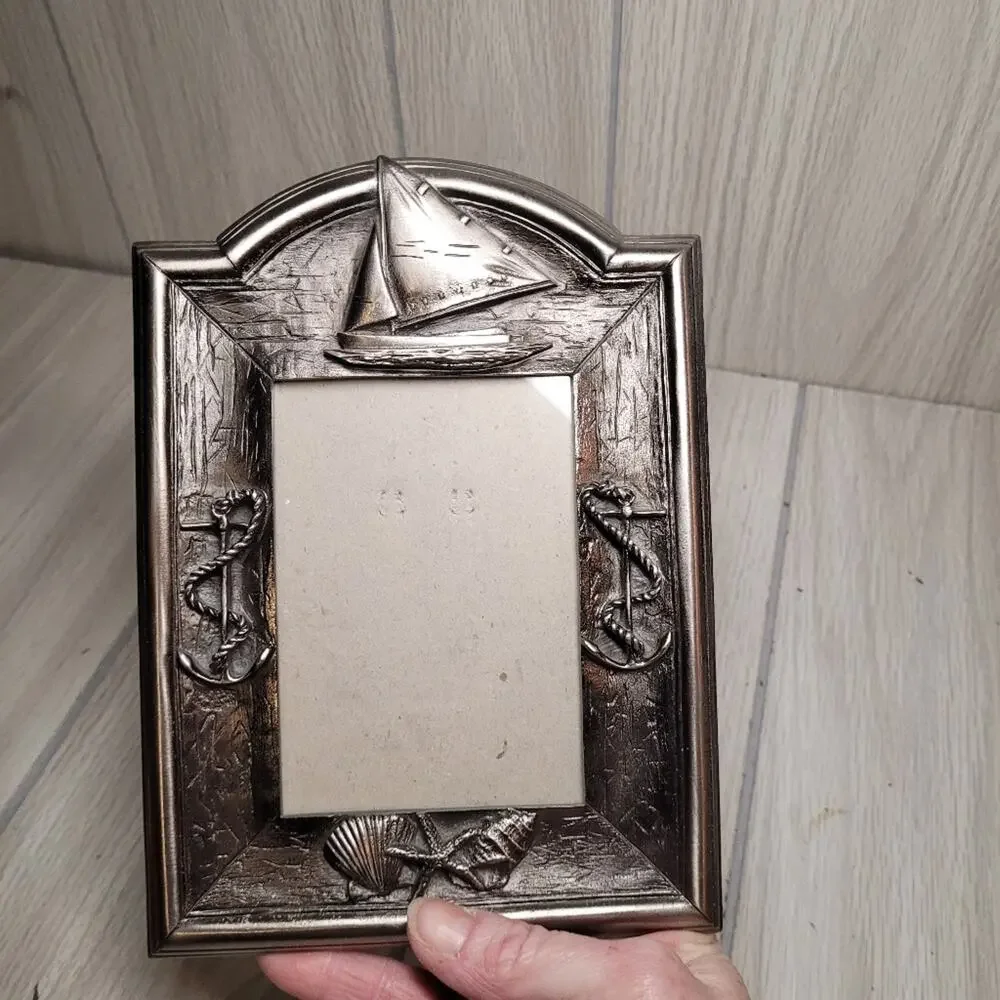 Vtg Nautical Silver Pewter Sailboat Photo Frame Beach 3.5x5 Beach House Vacation